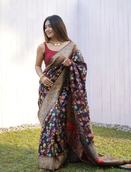 FASHIONABLE BANARASI SILK ZARI WORK SAREE WITH UNSTITCHED BLOUSE BLACK