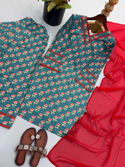 MODERN PURE NATURAL CREPE DIGITAL PRINT TOP PATIYALA WITH DUPATTA GREEN