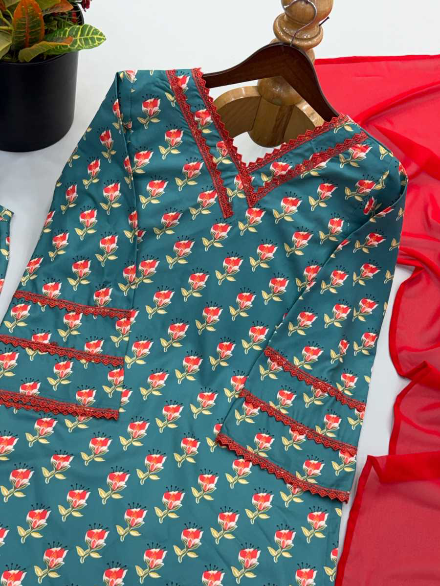 MODERN PURE NATURAL CREPE DIGITAL PRINT TOP PATIYALA WITH DUPATTA GREEN