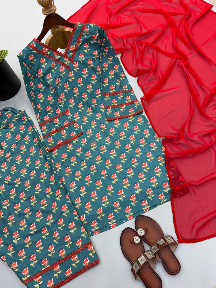 MODERN PURE NATURAL CREPE DIGITAL PRINT TOP PATIYALA WITH DUPATTA GREEN
