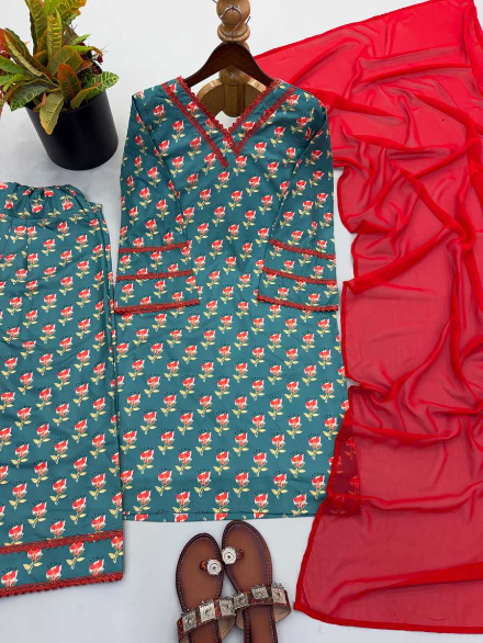 MODERN PURE NATURAL CREPE DIGITAL PRINT TOP PATIYALA WITH DUPATTA GREEN