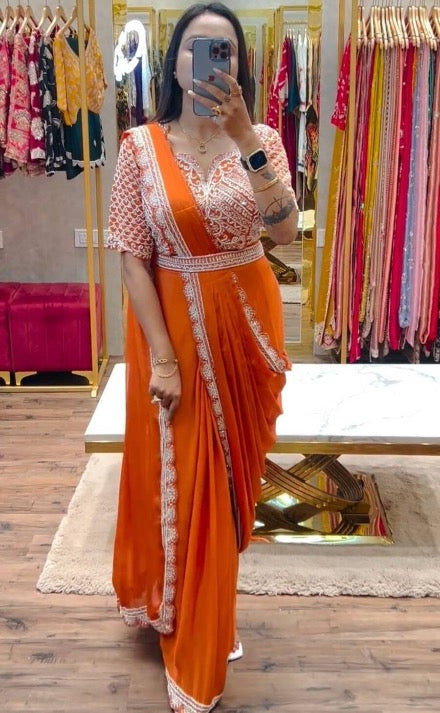 FASHIONABLE CHINON CODING EMBROIDERY SEQUENCE WORK READY TO WEAR SAREE BELT WITH STITCHED BLOUSE ORANGE IN XL