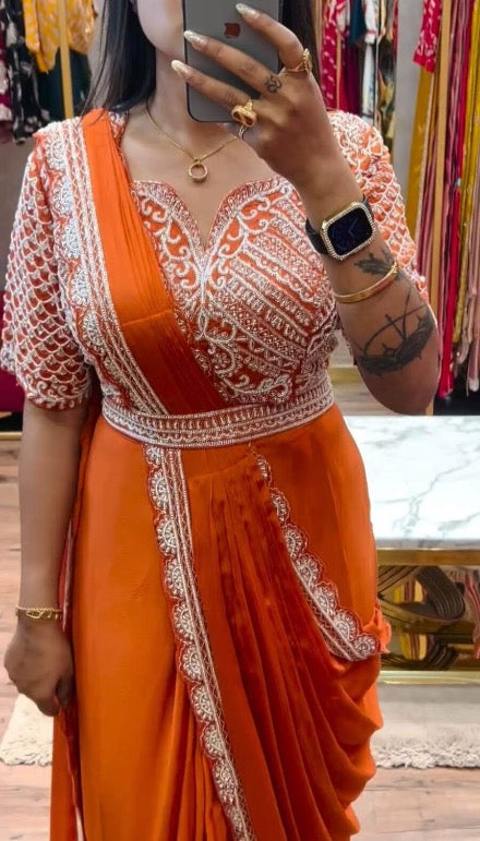 FASHIONABLE CHINON CODING EMBROIDERY SEQUENCE WORK READY TO WEAR SAREE BELT WITH STITCHED BLOUSE ORANGE IN XL