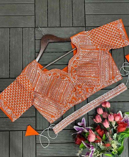 FASHIONABLE CHINON CODING EMBROIDERY SEQUENCE WORK READY TO WEAR SAREE BELT WITH STITCHED BLOUSE ORANGE IN XL