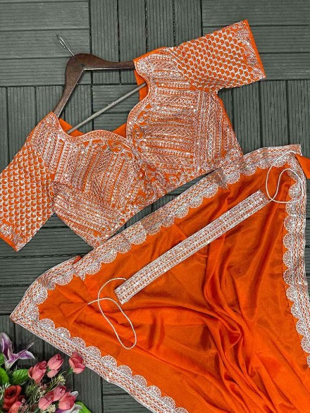FASHIONABLE CHINON CODING EMBROIDERY SEQUENCE WORK READY TO WEAR SAREE BELT WITH STITCHED BLOUSE ORANGE IN XL
