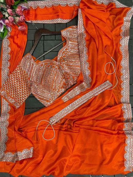 FASHIONABLE CHINON CODING EMBROIDERY SEQUENCE WORK READY TO WEAR SAREE BELT WITH STITCHED BLOUSE ORANGE IN XL