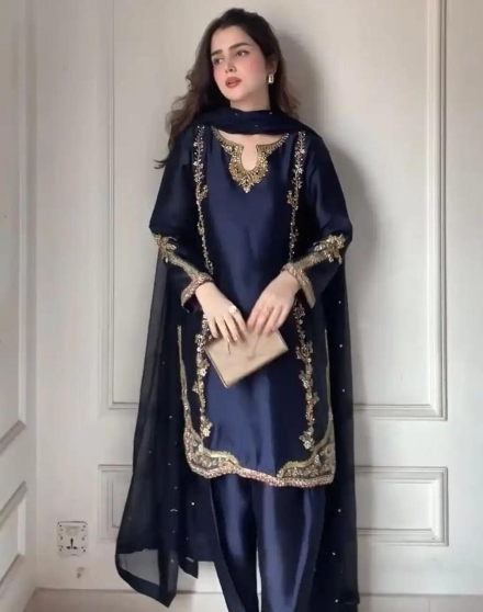 MODERN PICKED NATURAL CREPE SEQUENCE CODING EMBROIDERY WORK TOP PATIYALA WITH DUPATTA NAVY BLUE IN XL