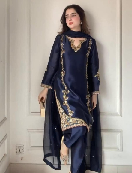 MODERN PICKED NATURAL CREPE SEQUENCE CODING EMBROIDERY WORK TOP PATIYALA WITH DUPATTA NAVY BLUE IN XL
