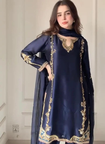 MODERN PICKED NATURAL CREPE SEQUENCE CODING EMBROIDERY WORK TOP PATIYALA WITH DUPATTA NAVY BLUE IN XL