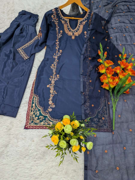 MODERN PICKED NATURAL CREPE SEQUENCE CODING EMBROIDERY WORK TOP PATIYALA WITH DUPATTA NAVY BLUE IN XL