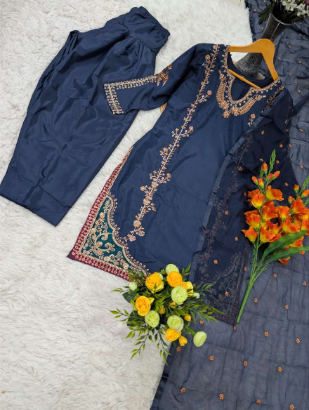 MODERN PICKED NATURAL CREPE SEQUENCE CODING EMBROIDERY WORK TOP PATIYALA WITH DUPATTA NAVY BLUE IN XL