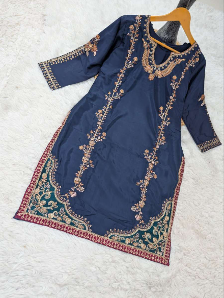 MODERN PICKED NATURAL CREPE SEQUENCE CODING EMBROIDERY WORK TOP PATIYALA WITH DUPATTA NAVY BLUE IN XL