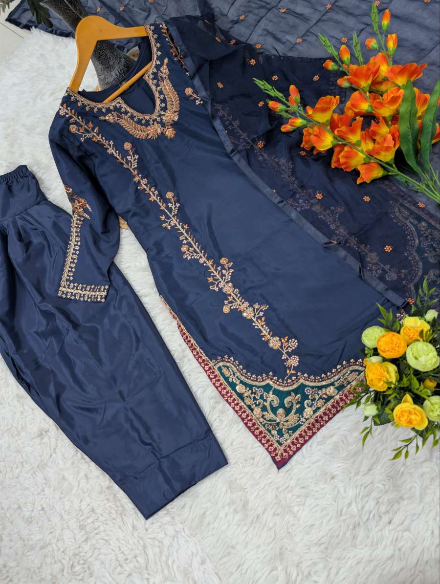 MODERN PICKED NATURAL CREPE SEQUENCE CODING EMBROIDERY WORK TOP PATIYALA WITH DUPATTA NAVY BLUE IN XL