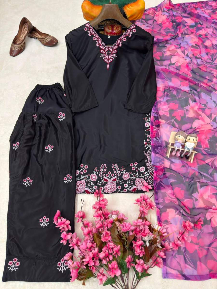 MOST PICKED FRENCH CREPE THREAD EMBROIDERY WORK TOP PATIYALA WITH DUPATTA BLACK AND PINK IN XL