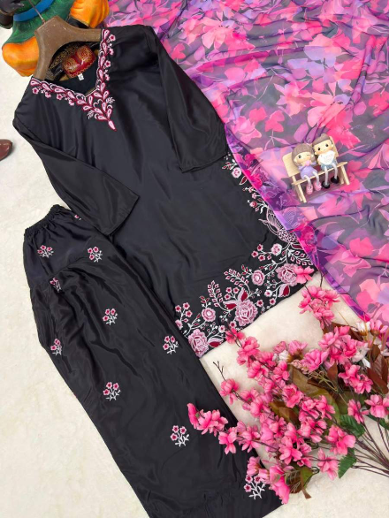 MOST PICKED FRENCH CREPE THREAD EMBROIDERY WORK TOP PATIYALA WITH DUPATTA BLACK AND PINK IN XL