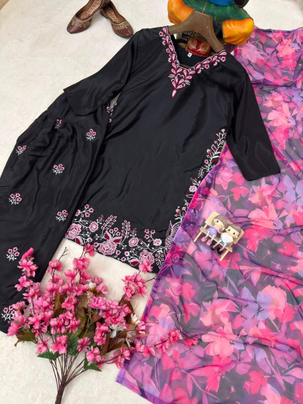 MOST PICKED FRENCH CREPE THREAD EMBROIDERY WORK TOP PATIYALA WITH DUPATTA BLACK AND PINK IN XL