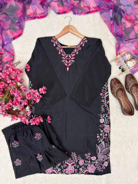 MOST PICKED FRENCH CREPE THREAD EMBROIDERY WORK TOP PATIYALA WITH DUPATTA BLACK AND PINK IN XL