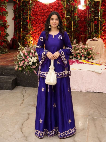 TRENDING FRENCH CREPE SEQUENCE AND ZARI EMBROIDERY WORK TOP PALAZZO WITH DUPATTA PURPLE IN XL