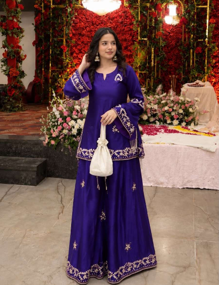 TRENDING FRENCH CREPE SEQUENCE AND ZARI EMBROIDERY WORK TOP PALAZZO WITH DUPATTA PURPLE IN XL