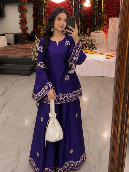 TRENDING FRENCH CREPE SEQUENCE AND ZARI EMBROIDERY WORK TOP PALAZZO WITH DUPATTA PURPLE IN XL