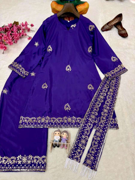 TRENDING FRENCH CREPE SEQUENCE AND ZARI EMBROIDERY WORK TOP PALAZZO WITH DUPATTA PURPLE IN XL