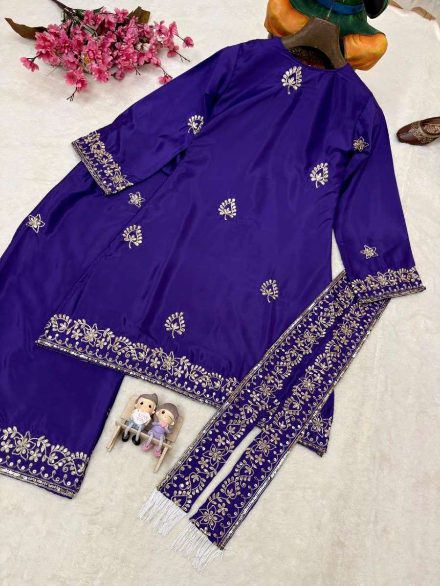 TRENDING FRENCH CREPE SEQUENCE AND ZARI EMBROIDERY WORK TOP PALAZZO WITH DUPATTA PURPLE IN XL