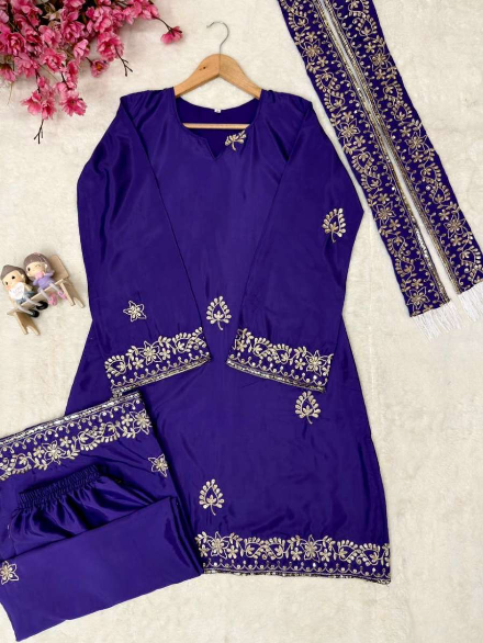 TRENDING FRENCH CREPE SEQUENCE AND ZARI EMBROIDERY WORK TOP PALAZZO WITH DUPATTA PURPLE IN XL