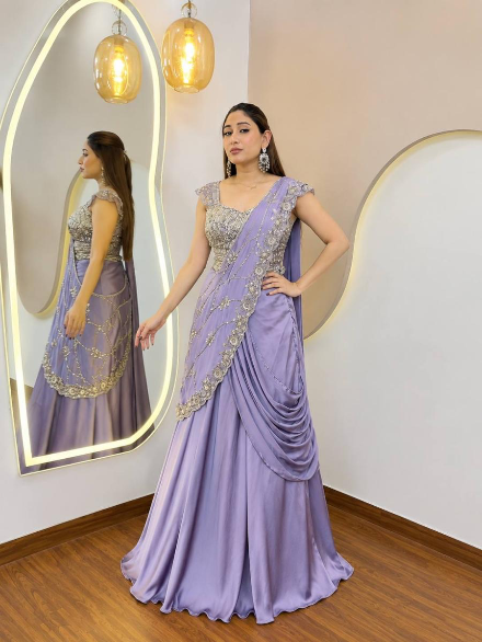RICH LOOK CREPE SILK EMBROIDERY SEQUENCE WORK LEHENGA SAREE WITH STITCHED BLOUSE LAVENDER
IN XL