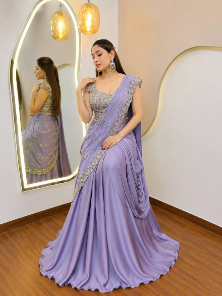 RICH LOOK CREPE SILK EMBROIDERY SEQUENCE WORK LEHENGA SAREE WITH STITCHED BLOUSE LAVENDER
IN XL