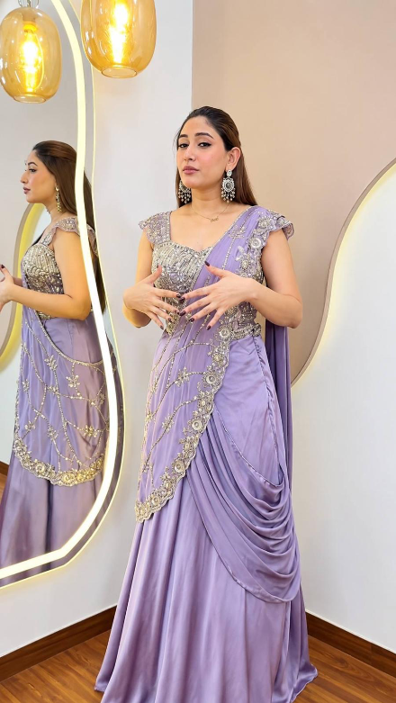 RICH LOOK CREPE SILK EMBROIDERY SEQUENCE WORK LEHENGA SAREE WITH STITCHED BLOUSE LAVENDER
IN XL