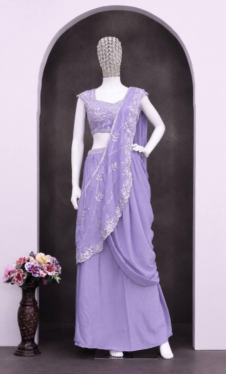 RICH LOOK CREPE SILK EMBROIDERY SEQUENCE WORK LEHENGA SAREE WITH STITCHED BLOUSE LAVENDER
IN XL