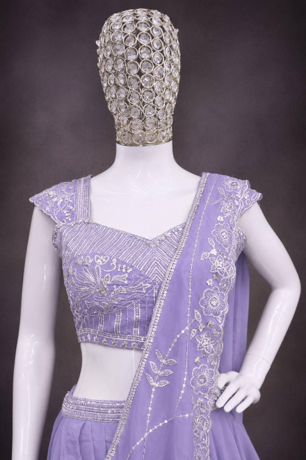RICH LOOK CREPE SILK EMBROIDERY SEQUENCE WORK LEHENGA SAREE WITH STITCHED BLOUSE LAVENDER
IN XL