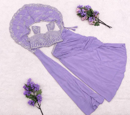 RICH LOOK CREPE SILK EMBROIDERY SEQUENCE WORK LEHENGA SAREE WITH STITCHED BLOUSE LAVENDER
IN XL