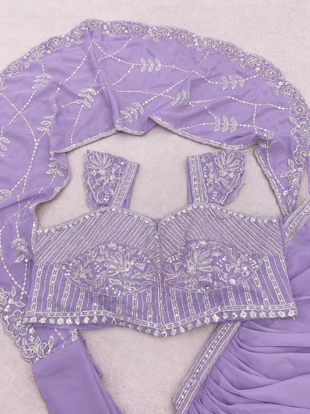 RICH LOOK CREPE SILK EMBROIDERY SEQUENCE WORK LEHENGA SAREE WITH STITCHED BLOUSE LAVENDER
IN XL