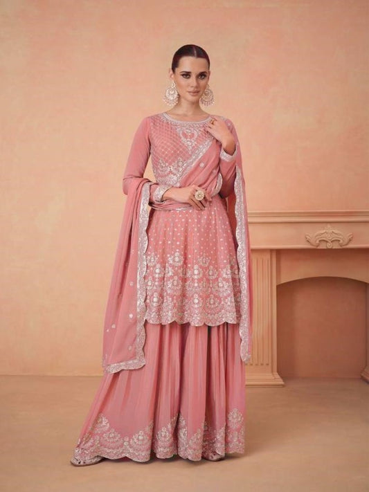 NEW ARRIVAL CHINON EMBRIDERY SEQUENCE WORK TOP PALAZZO WITH DUPATTA PEACH