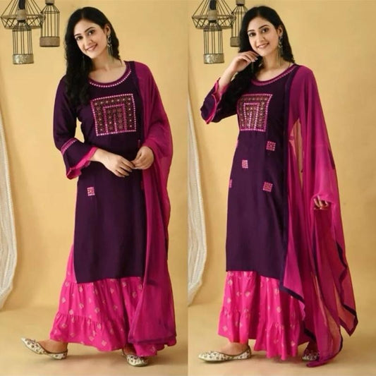 INDIAN FASHIONABLE RAYON EMBROIDERY WORK TOP SHARARA WITH DUPATTA WINE SIZE 40