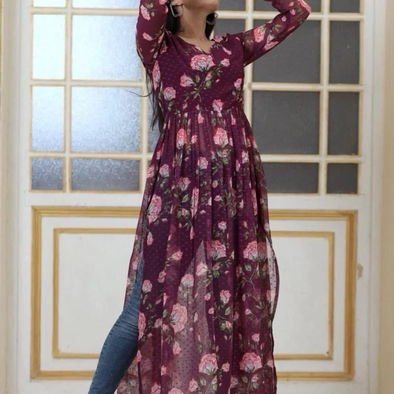 INDIAN  FANCY GEORGETTE FLORAL DIGITAL PRINTED NAYRA CUT KURTI SIZE:40-L