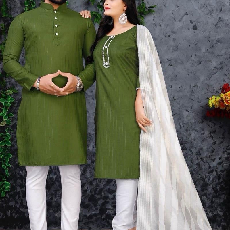 INDIAN DESIGNER COTTON SILVAR WEAVING WORK COUPLE WEAR COMBO