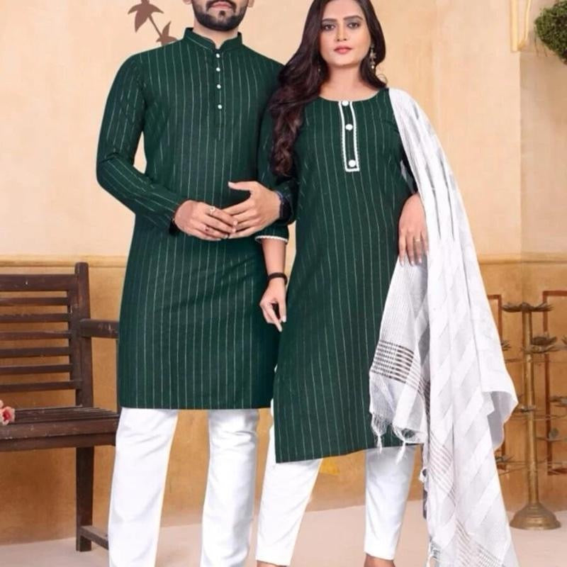 INDIAN DESIGNER COTTON SILVAR WEAVING WORK COUPLE WEAR COMBO