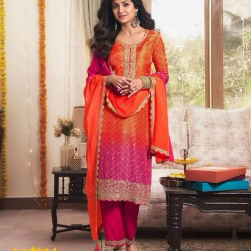 Designer Chinon Silk Printed And Sequance Embroidered Work Top and Pant with Dupatta L