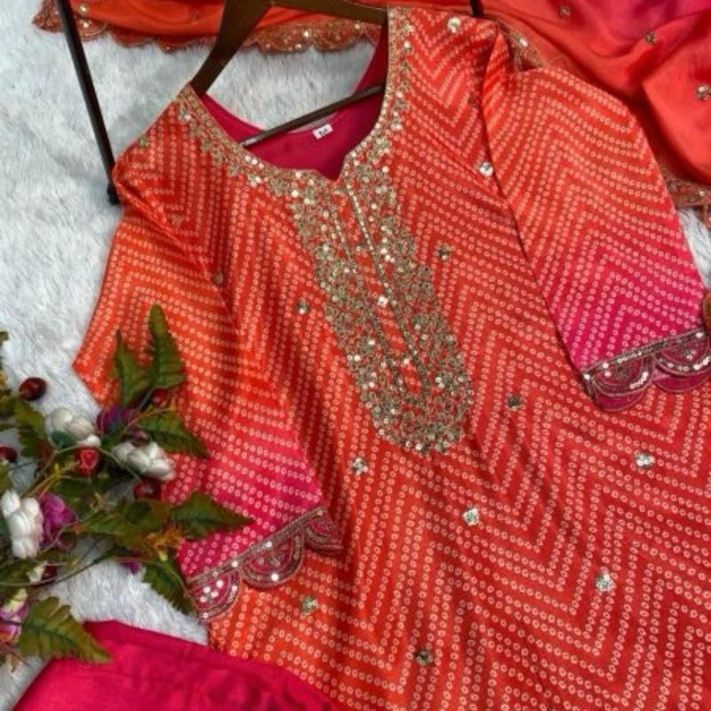 Designer Chinon Silk Printed And Sequance Embroidered Work Top and Pant with Dupatta L