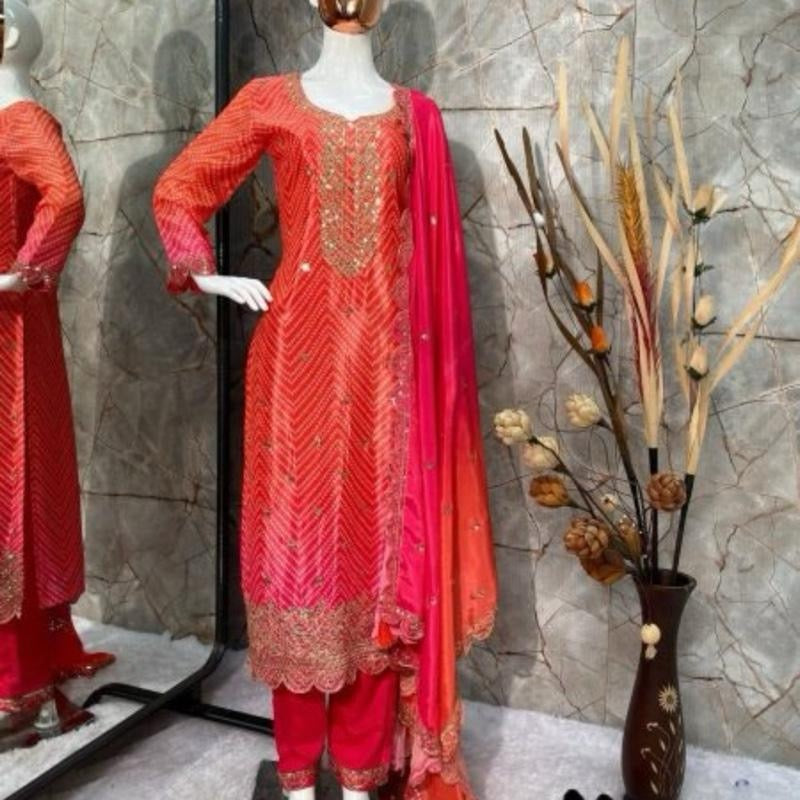 Designer Chinon Silk Printed And Sequance Embroidered Work Top and Pant with Dupatta L