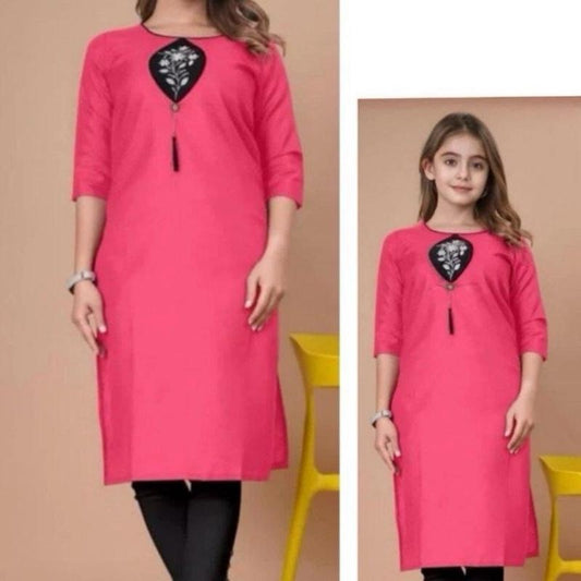 NDIAN COTTON BLEND EMBROIDREY SEQUENCE WORK MOTHER DAUGHTER COMBO KURTI SET