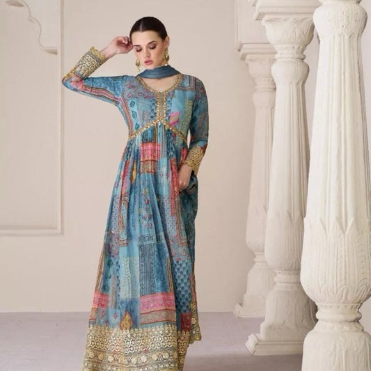 FASHIONABLE ORGANZA PRINT WITH EMBROIDERY WORK ALIA CUT GOWN WITH DUPATTA SKY