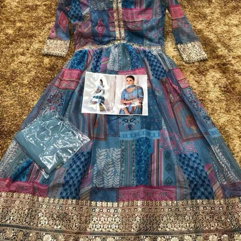FASHIONABLE ORGANZA PRINT WITH EMBROIDERY WORK ALIA CUT GOWN WITH DUPATTA SKY