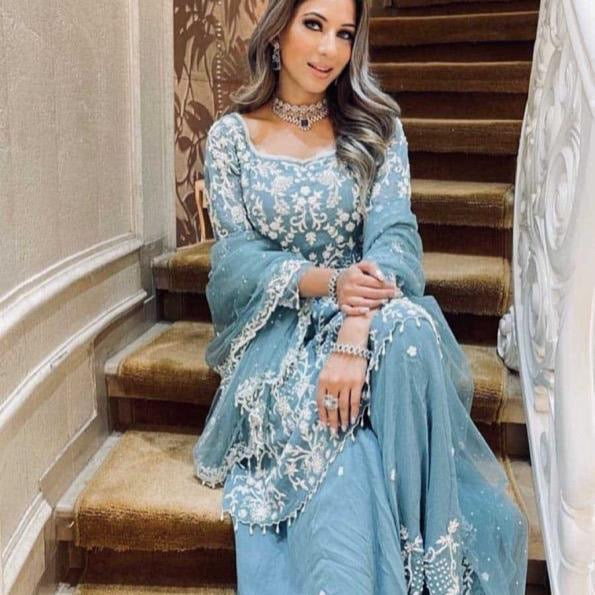 FASHIONABLE HEAVY NET GEORGETTE CHINE SEQUENCE EMBROIDERY WORK TOP PALAZZO WITH DUPATTA