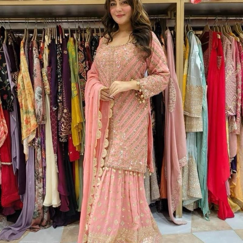 DESIGNER FAUX GEORGETTE EMBROIDERY SEQUENCE WORK TOP SHARARA WITH DUPATTA