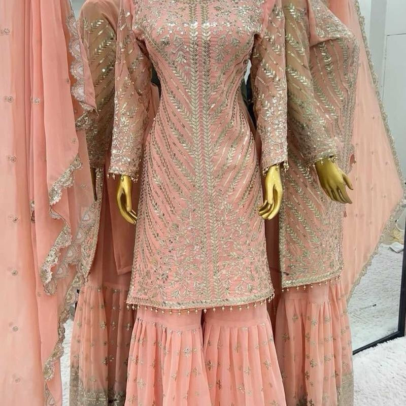 DESIGNER FAUX GEORGETTE EMBROIDERY SEQUENCE WORK TOP SHARARA WITH DUPATTA