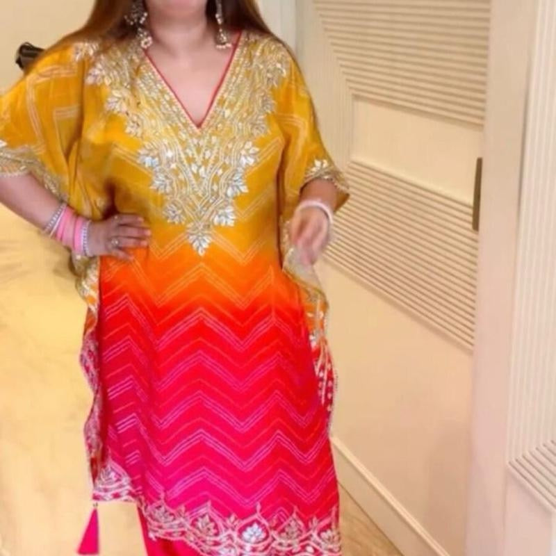 DESIGNER CHINON SEQUENCE EMBROIDERY BANDHANI PRINTED KAFTAN WITH BOTTOM YELLOW