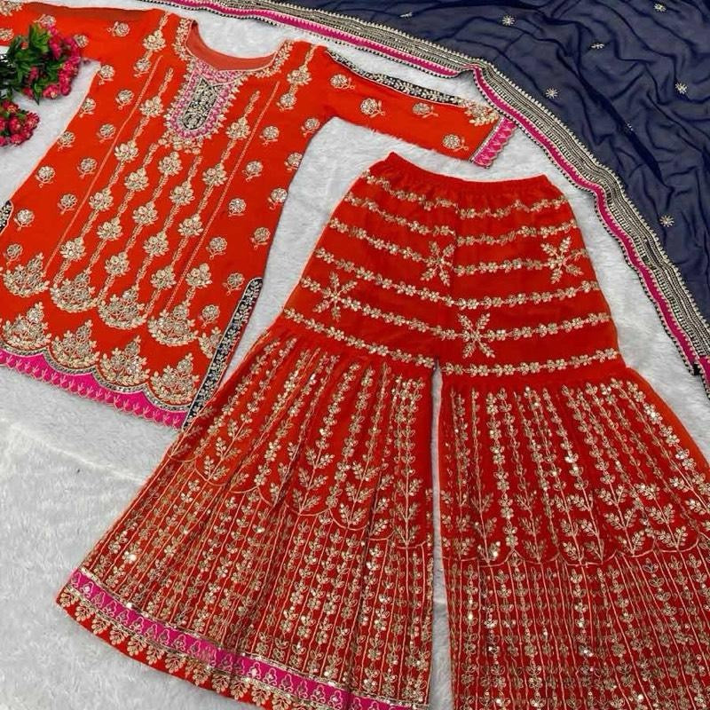 NEW ARRIVAL GEORGETTE EMBROIDERY CODING SEQUENCE WORK TOP PALAZZO WITH DUPATTA  ORANGE SIZE 38-M